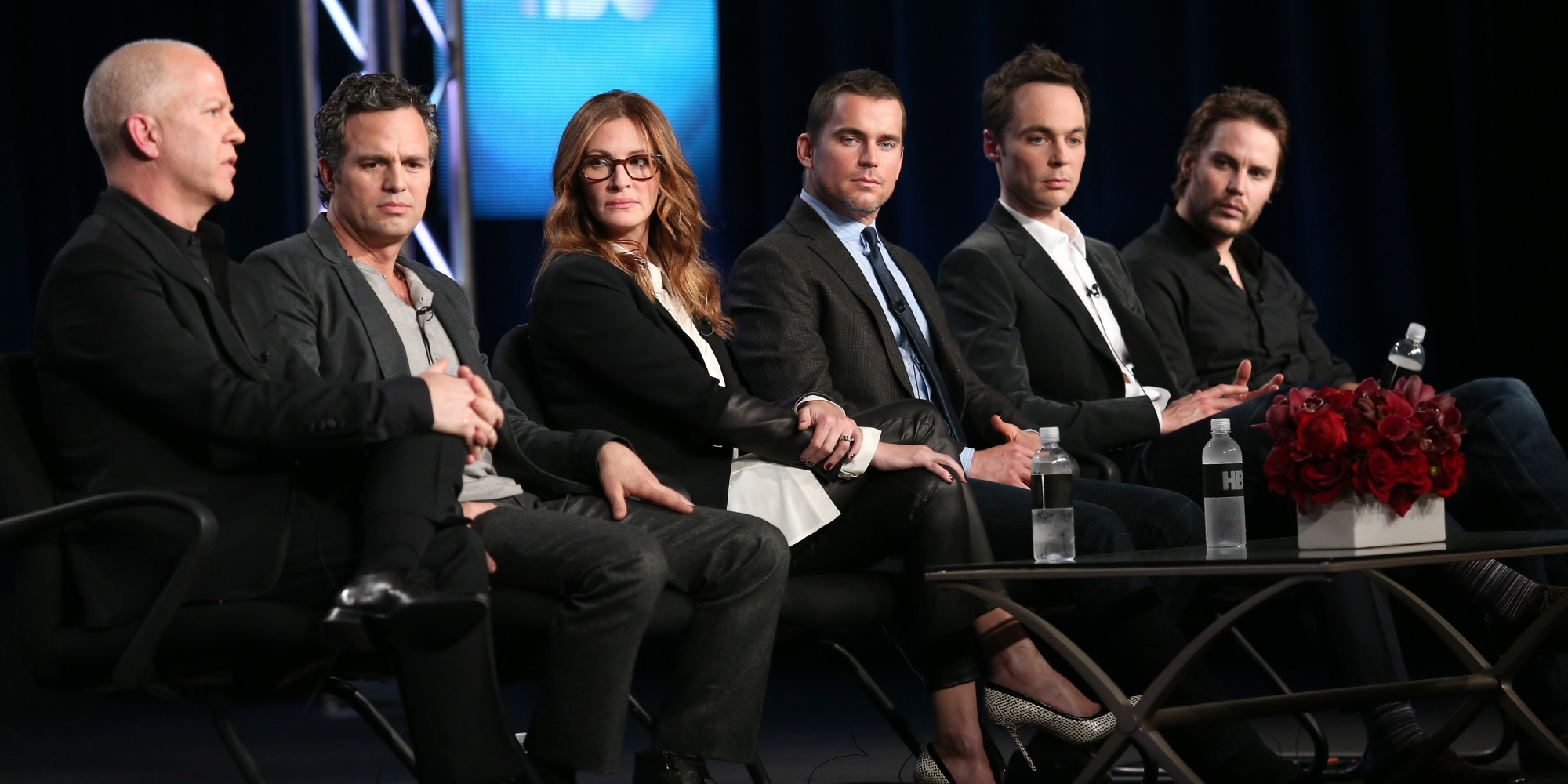 PASADENA, CA - JANUARY 09: (L-R) Director/Executive Producer Ryan Murphy, actors Mark Ruffalo, Julia Roberts, Matt Bomer, Jim Parsons and Taylor Kitsch speak onstage during the 'The Normal Heart' panel discussion at the HBO portion of the 2014 Winter Television Critics Association tour at the Langham Hotel on January 9, 2014 in Pasadena, California. (Photo by Frederick M. Brown/Getty Images)
